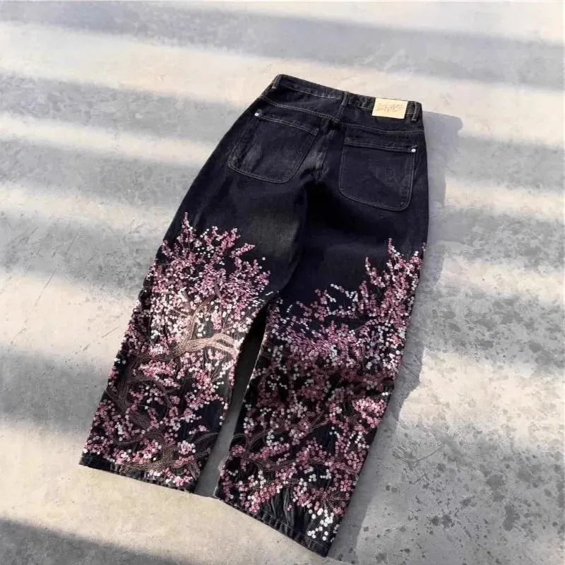 Samurai Embroidery Men Jeans Y2K Retro Harajuku Street Hip Hop High Waist Straight Pants Unisex Wide Leg Loose Denim Pants