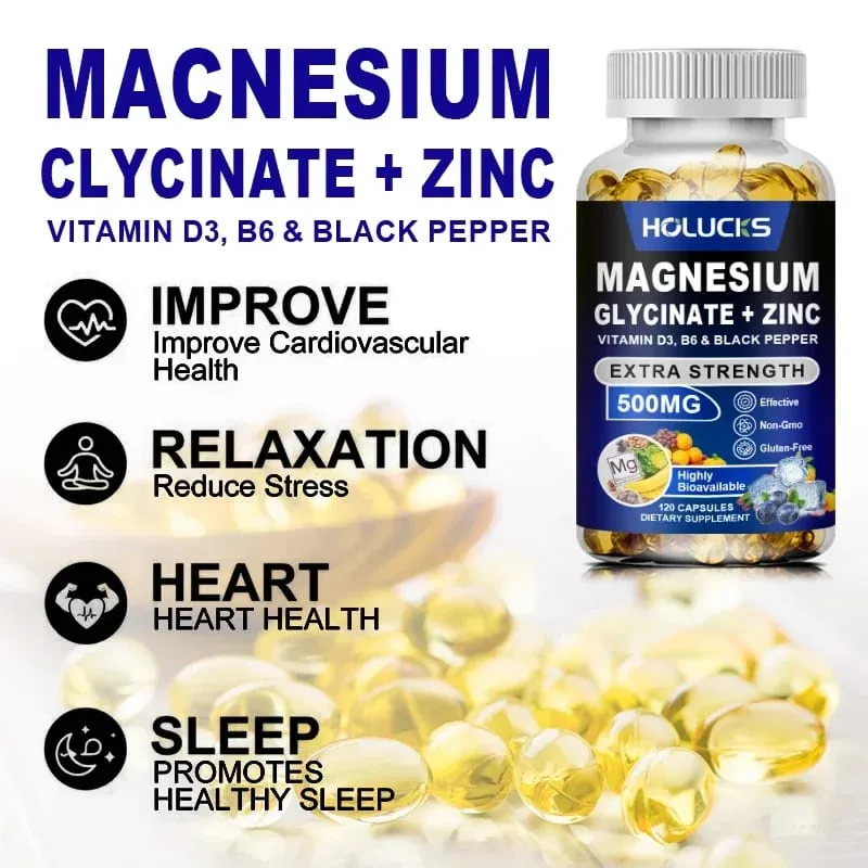 Magnesiumglycinaat en zinksupplement voor spiergewrichten Botenzymen en hartgezondheidsondersteuning Immuunontspanning Stemming
