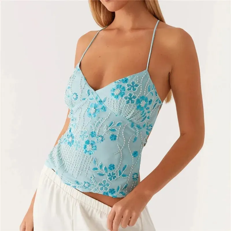 2025 เลื่อมลูกปัด Cami ชุดมินิเซ็กซี่ด้านหน้า V คอสั้นชุดผู้หญิง Backless Criss CROSS STRAPS ชุด
