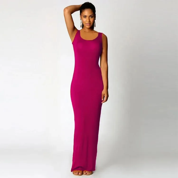 Women‘s Maxi Dress Sleeveless Bodycon Long Dress Elegant Casual Homewear Spring Summer Cool Solid-Color Dress