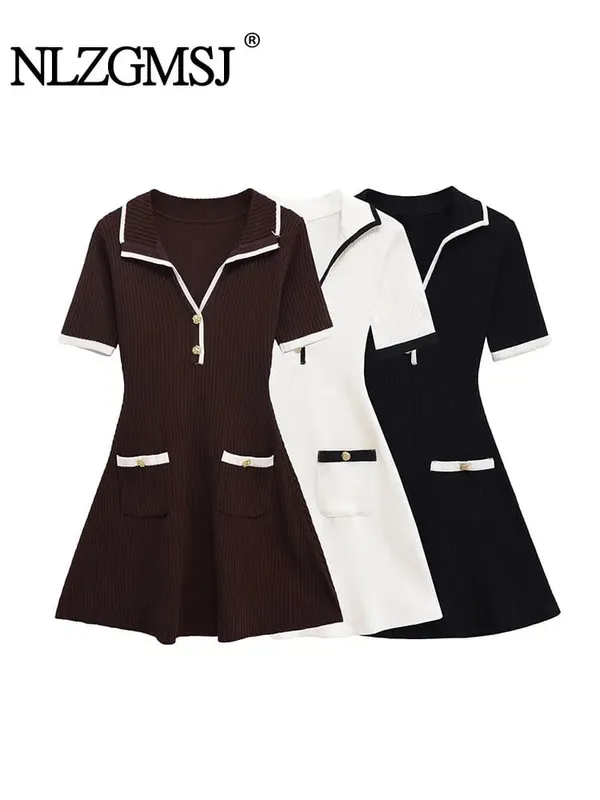 2025 Autumn Casual Mini Dress Fashion Contrast Color Design Short Sleeve Dresses For Women Elegant Short Dress
