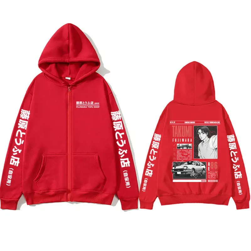 Anime Initial D Drift AE86 Takumi Fujiwara Tofu Shop JDM Car Zipper Hoodies Men Women Long Sleeve Zip Up Sweatshirts Jacket Coat
