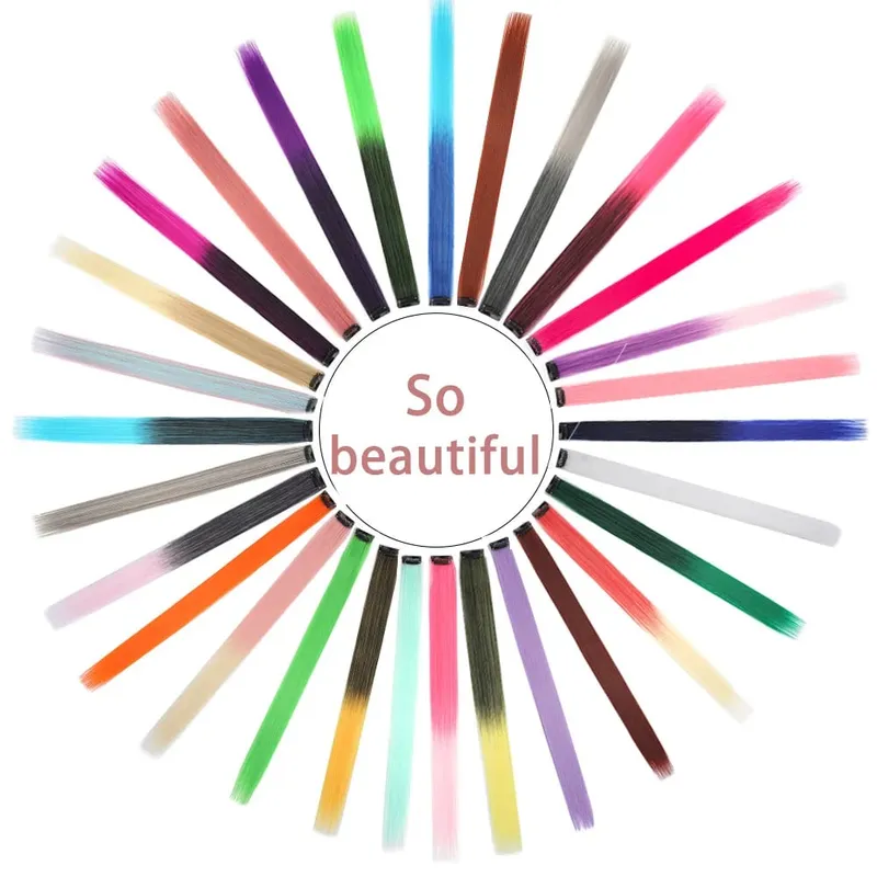 8pcs/pack Colored Party Highlights Clip in Hair Extensions for Girls 22 inches Multi-colors Straight Hair Synthetic Hairpieces