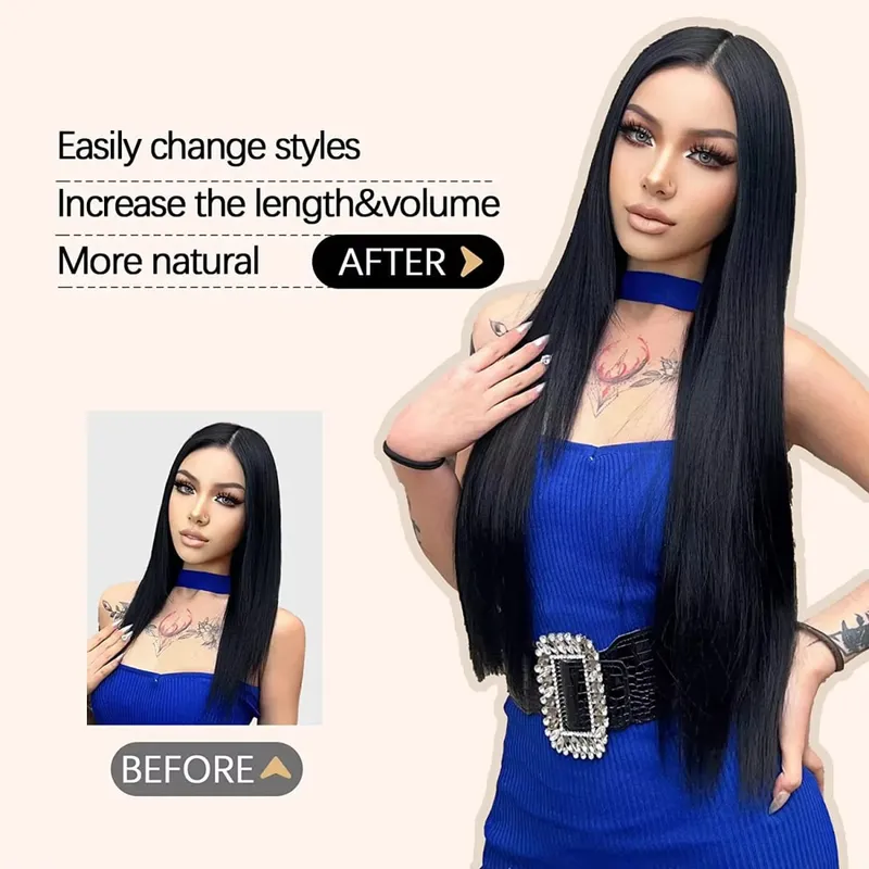 Grampo longo e reto sintético de 24 polegadas, extensão de cabelo de uma peça, 5 clipes, cabelo falso loiro, marrom, preto, resistente ao calor