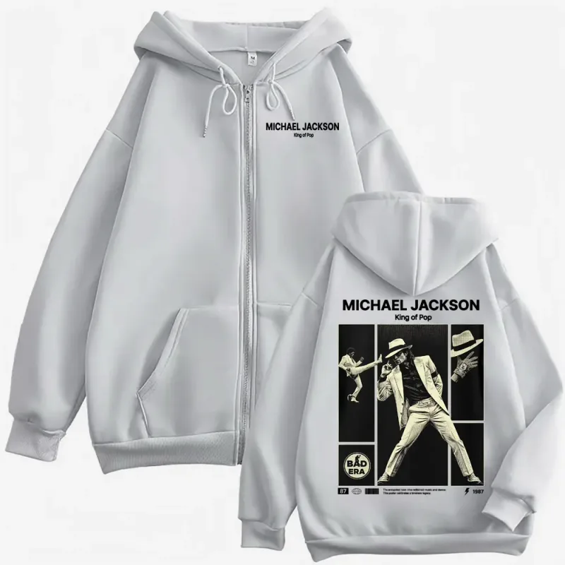 Michael Jackson King Of Pop Zip Up Hoodie Pakaian Pria Klasik Vintage Jaket Kaus Harajuku Bulu Ritsleting Berkerudung Mantel