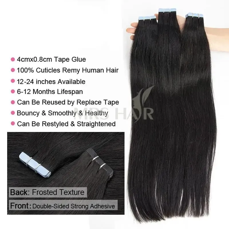 MRS HAIR Silky Straight Tape in Human Hair Extensions Remy Skin Weft Tape in Hair Extension 14 16 18 inch 20pcs/pack 1B Natural Black Tape On Hair