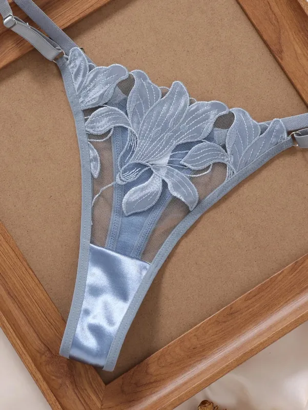 Silver Blue Floral Embroidery Lingerie Set Satin Mesh Underwire Bra Thong Women Intimate Underwear Honeymoon Boudoir ZA824031