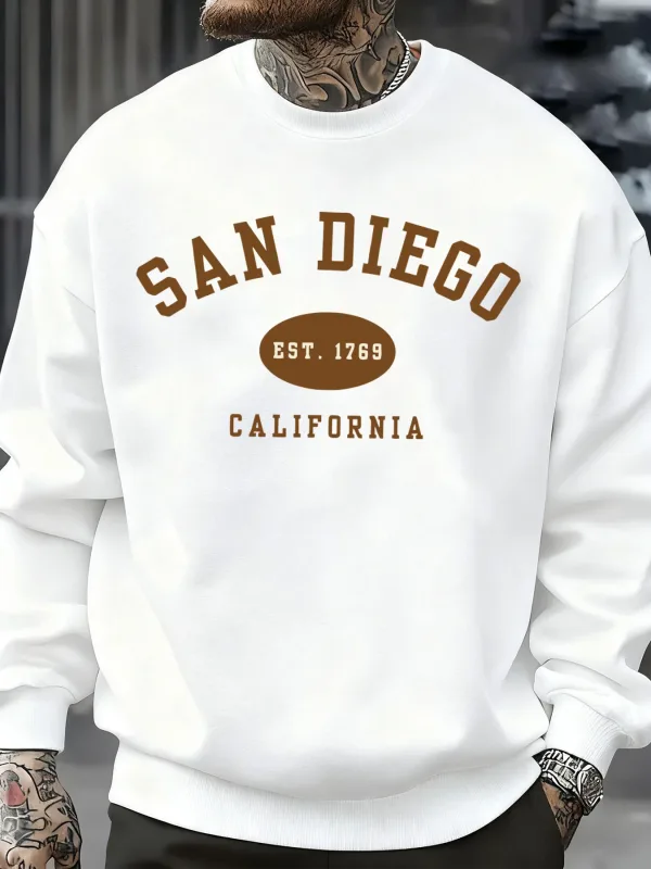 San Diego California Letter Printed Men Pullover Sweatshirts Soft Fleece Sweatshirt Crewneck Casual Clothes Oversized Streetwear