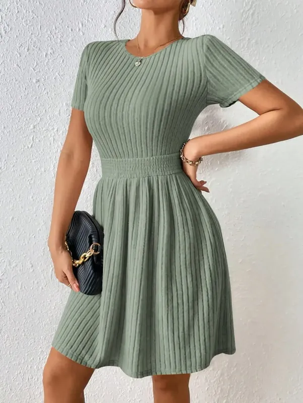 Fashionable Casual Solid Color Ribbed Waist Knitted A-Line Dress New Arrival Comfortable Elegant Women's Clothing