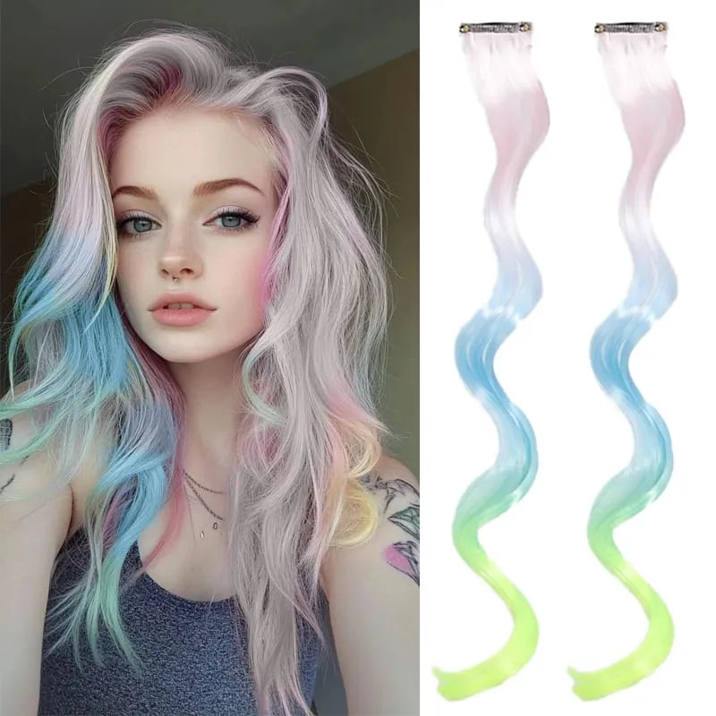 2pcs 16 Inch Colorful Hair Extensions Synthetic Ombre Wavy Clip in Hair Extensions Lightweight Hairpieces for Women Party Wear