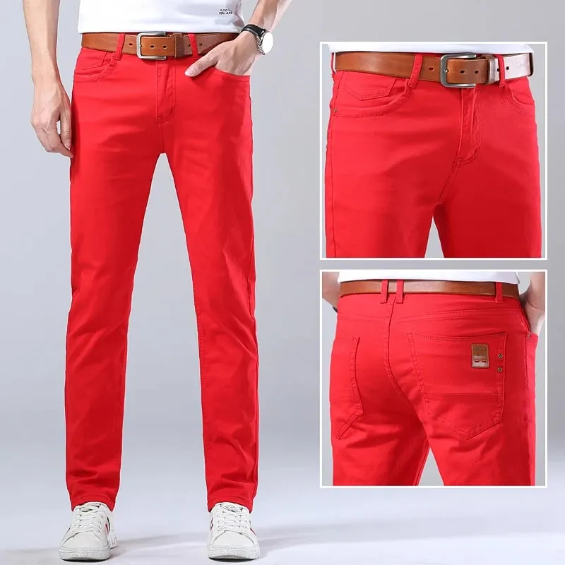 Spring New Men's Red Elastic Jeans Korean Slim Straight Leg Wash Denim Pants Comfortable Soft Casual Trendy High End Trousers