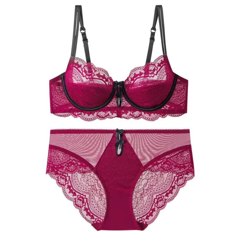 Women Sexy Red Lace Bra French Ultra Thin Minimizer Non Wired Breathable Brassiere Large Bust Reduce Underwear 32‑42
