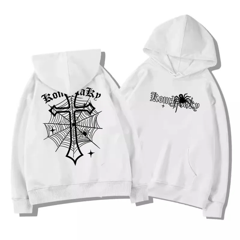 European American High Street Spider Cross Autumn Winter Fleece Warm Hooded Sweatshirt Casual Adult Men Versatile Soft Daily Use