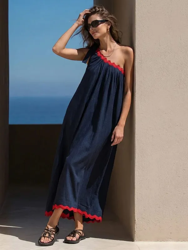 Freeacy-Vestido largo de un hombro con ribete festoneado en contraste rojo marino para mujer, vestidos plisados ​​sueltos informales de verano para vacaciones