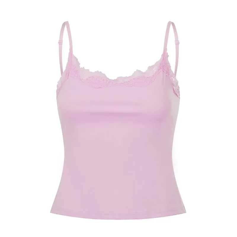 Women’s Lace Trim Pink Cami Vest Spaghetti Strap Sleeveless Slim Fit Tank Top Casual Summer Daily Wear Crop Tops Streetwear