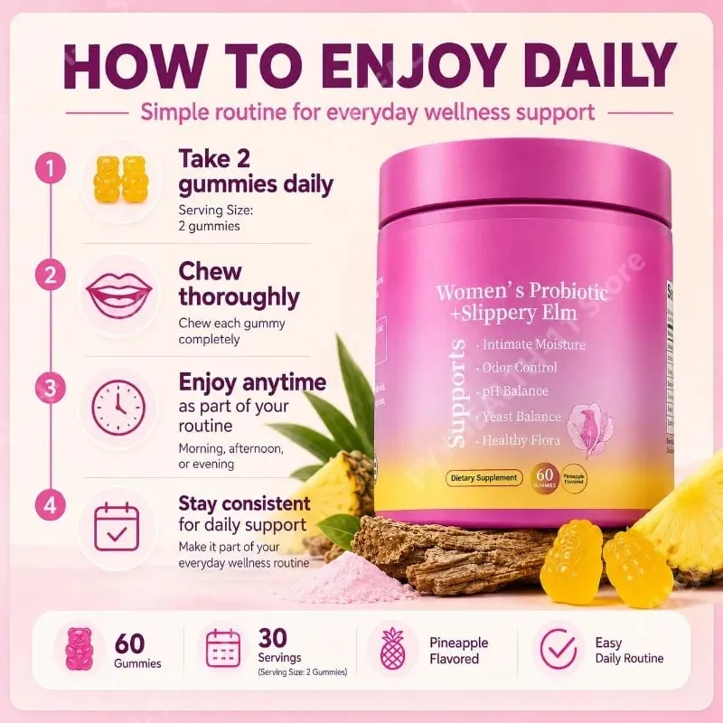 Feminine Wellness Probiotic Gummies with Slippery Elm PH Balance and Flora Support for Women Pineapple Flavor 60 Count