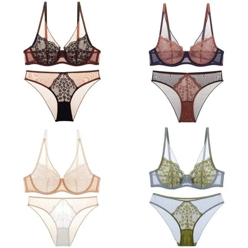 Sweet Mesh Lace Flower Bra Set Lingerie Brassiere Mesh Bra Panties Kit Thin Seamless Push Up Bra Women Lady