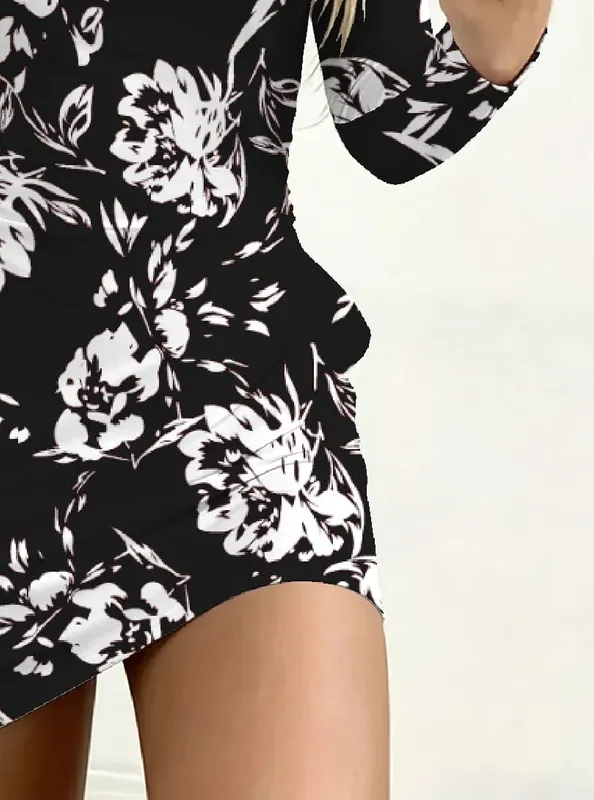 Women's Casual Long-Sleeved Floral Print Dress with Pockets round Neck Waist Cinching Mini Skirt Length for Autumn
