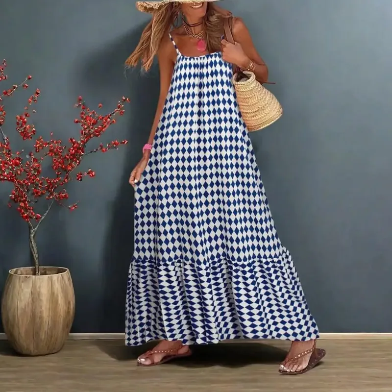 Women Bohemian Vest Dress Slipper Matching Dress Boho Floral Tiered Maxi Dresses for Women Summer Flowy Backless for Wardrobe