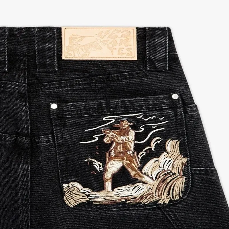 Men Black Baggy Jeans with Warrior Embroidery Pockets Wide Leg Denim Pants Y2K Streetwear Hip Hop Trousers
