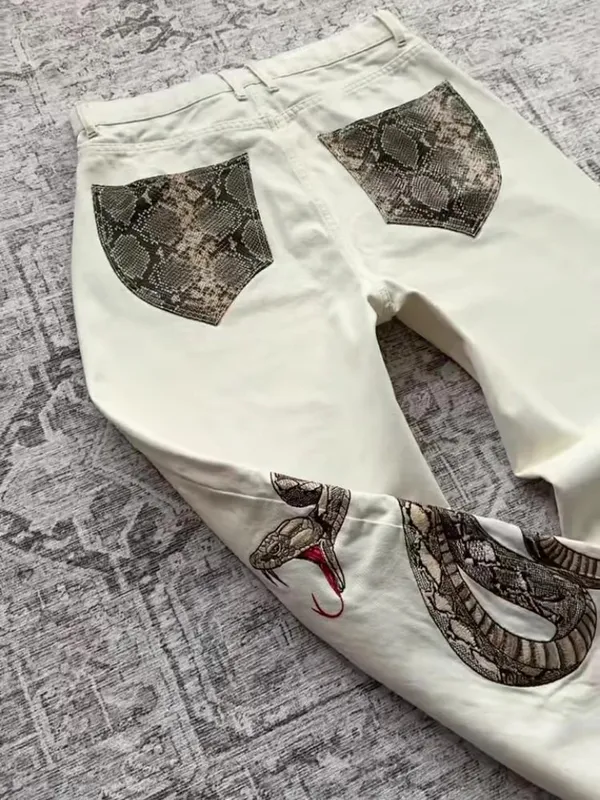 Streetwear Retro Snake Jeans Boa Embroidery Graphic Python Print Pocket Denim Pants Y2K Trend Unisex Baggy Straight Leg Pants