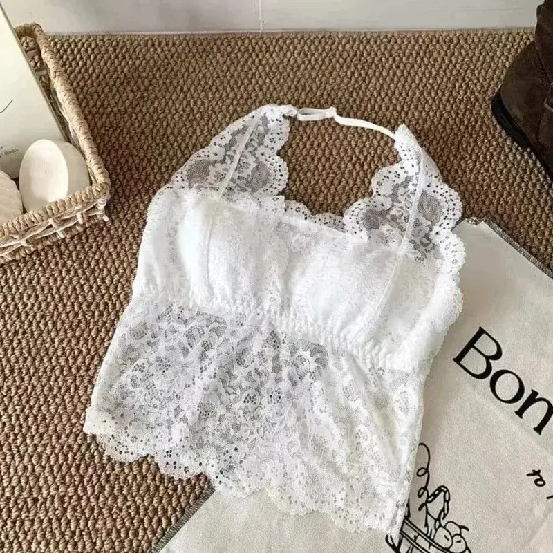 Chest Cushion Top Mesh Flower Lace Camisole Sleeveless Transparent Lace Crop Tops Bottoming Shirt Halter Neck Camisole Ladies