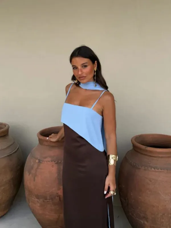 Fashion Contrasting Sling Dress Women Square Neck Sleeveless High Waist Slim Maxi Dress With Scarf 2026 Summer Lady Party Robe