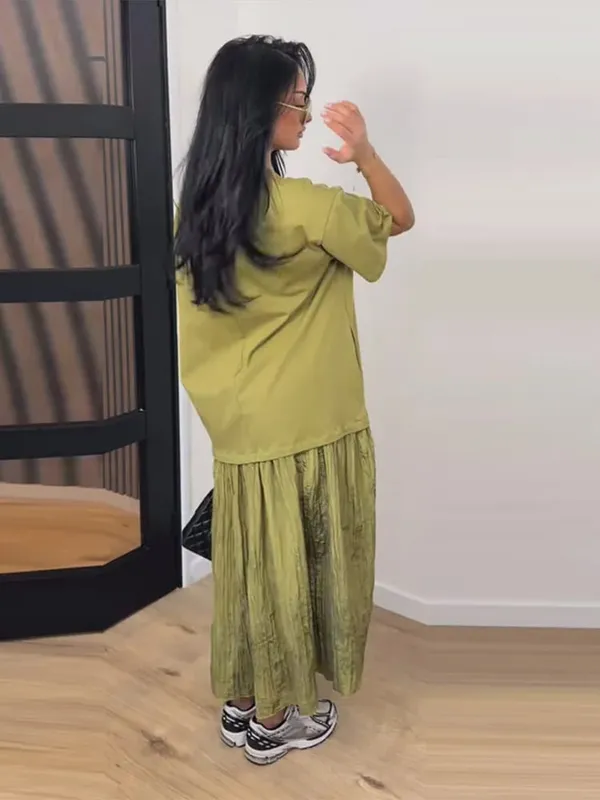 Fashion Patchwork Women Short Sleeve Dresses Casual O Neck Loose Female Solid Midi Dress 2026 Spring New Lady Long Robe Street