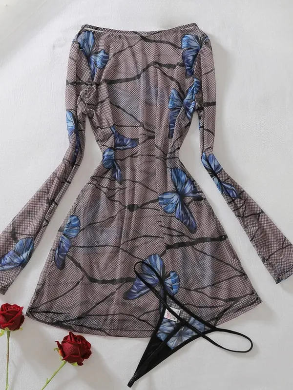 Women 2Pcs Butterfly Ornament Perspective Long Sleeve O Neck Slim Bodycon Dress Sexy Outfit With Matching Thong For Nightwear
