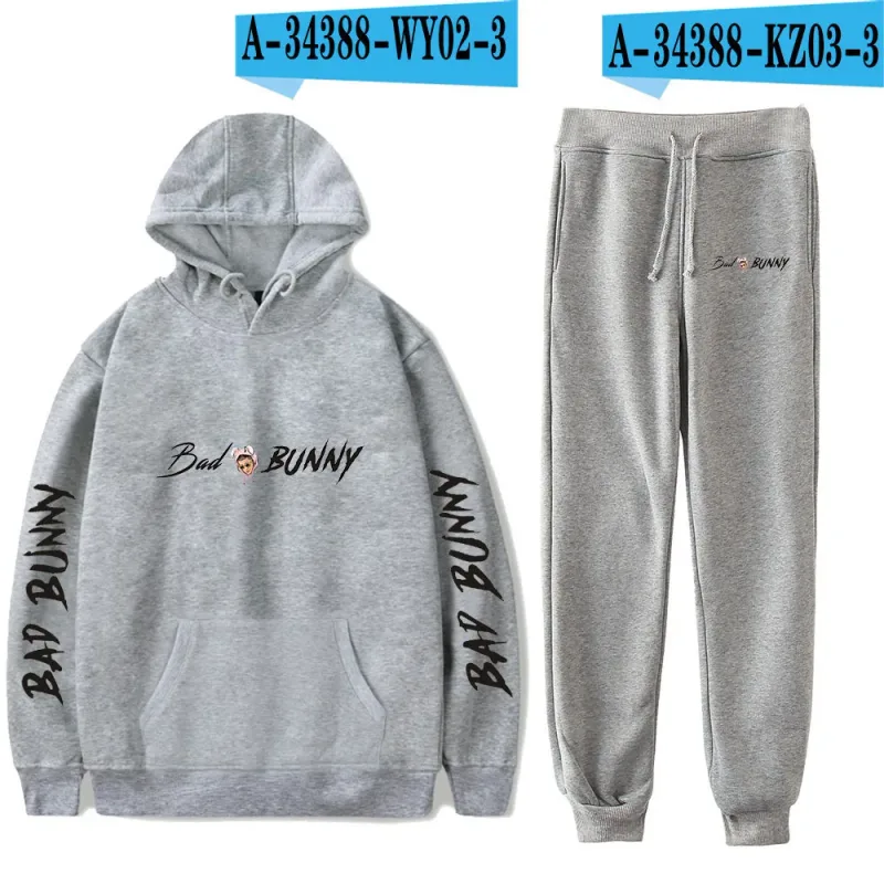 Harajuku Comfortable Funny bad bunny Print Sweatshirt Sweatpants Suit Men/Women Hoodies+ Trousers Suit Cute 2 Piece Set Clothes