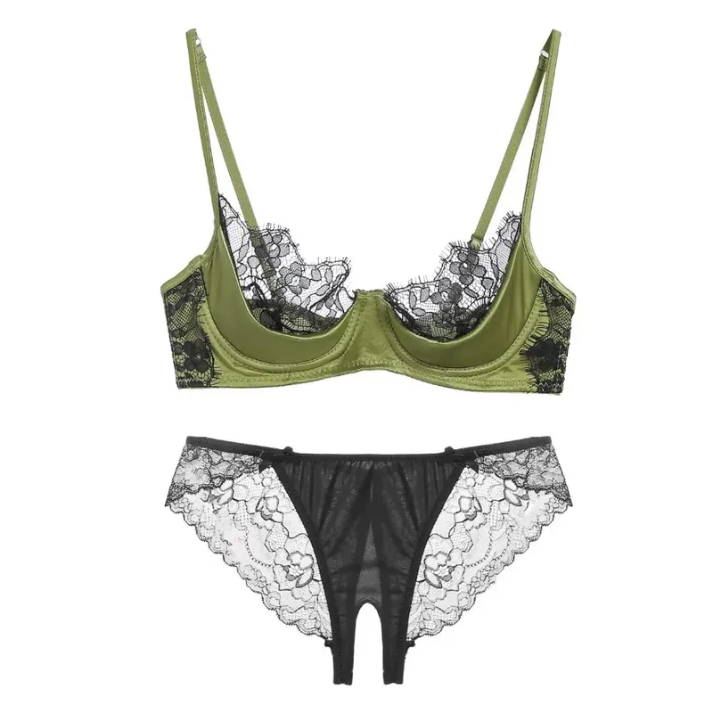 Half Cup Lingerie Set Women Green French Lace Ultra Thin Sheer Soft Comfortable Underwire Bra Small Bust 32‑38AB Set