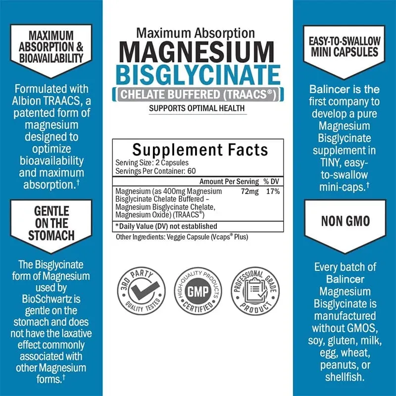 Magnesium Bisglycinate 400 Mg - 120 Vegetarian Capsules - Supports Muscle Joint and Heart Health