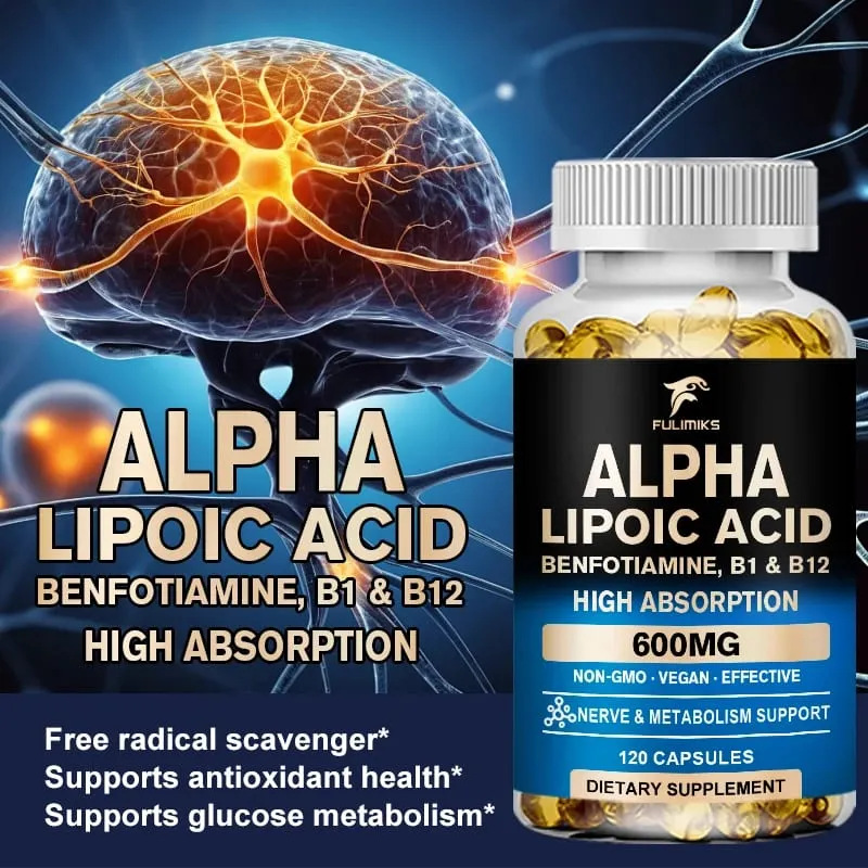 Alpha Lipoic Acid Capsules with Vitamin B12 for Energy Support Heart Health Neuropathy Relief Dietary Supplemen Non-GMO