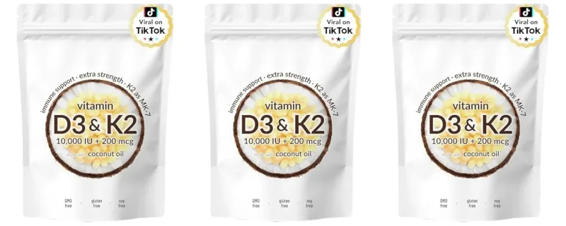 Vitamin D3 10000 IU K2 MK-7 200 mcg Softgels with Coconut Oil 2 in 1 Supports Strong Bones Immune Function Heart Health 300 Ct