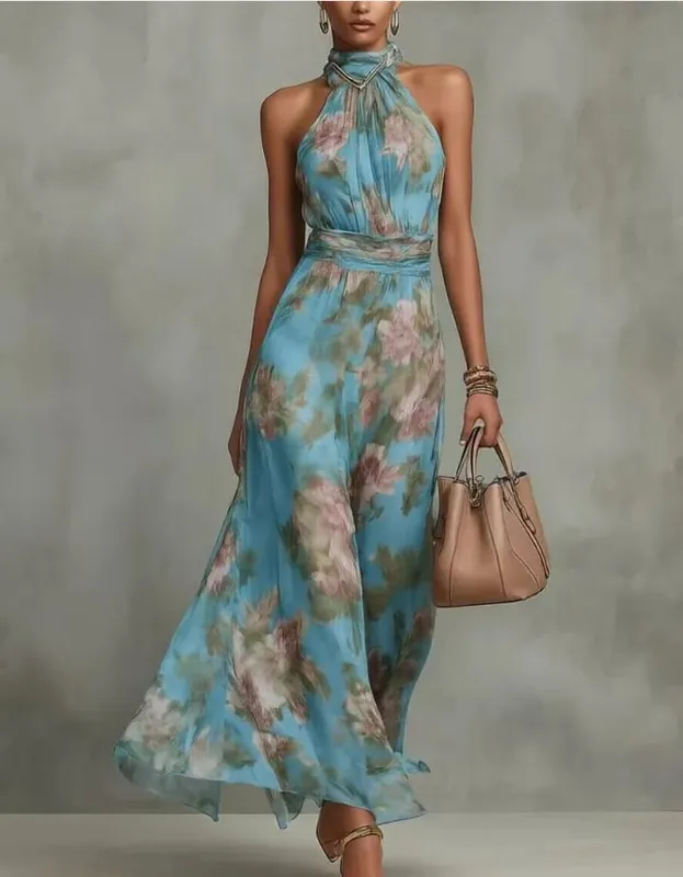 Elegant Halter Off Shoulder Hollow Party Woman Retro Floral Print Chiffon Long Vintage Boho Sleeveless Summer Beach Dresses