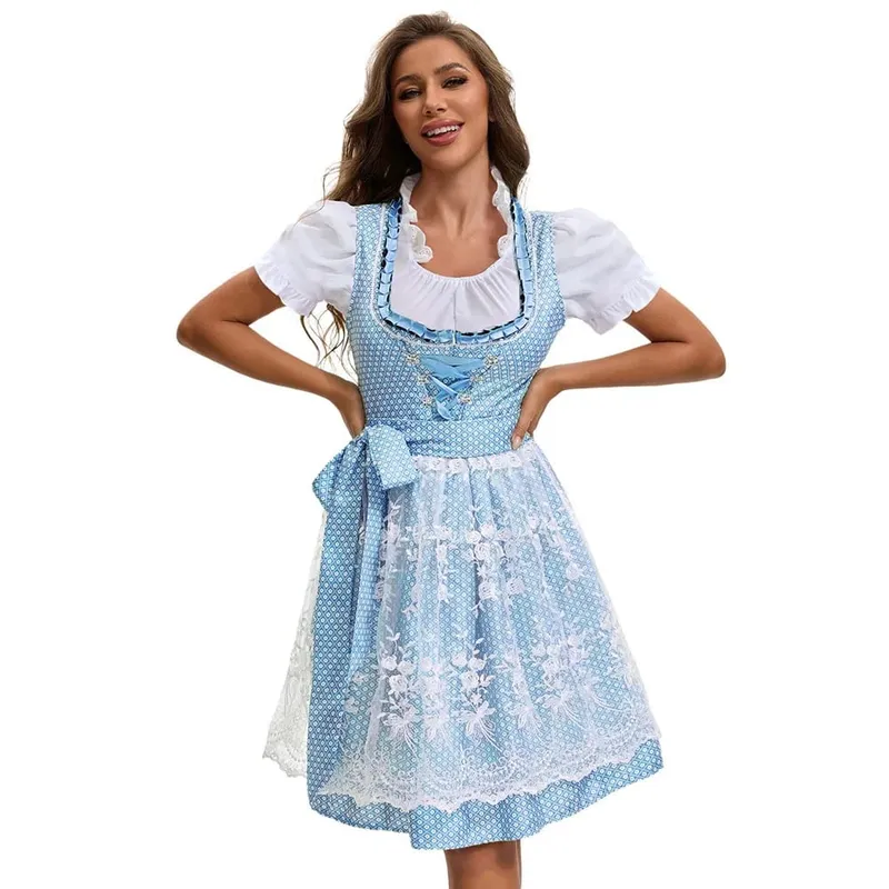 2025 Multicolor Munich Oktoberfest Dress for Women Bavarian Traditional Ethnic Print Beer Skirt with Top and Apron Maid Costume