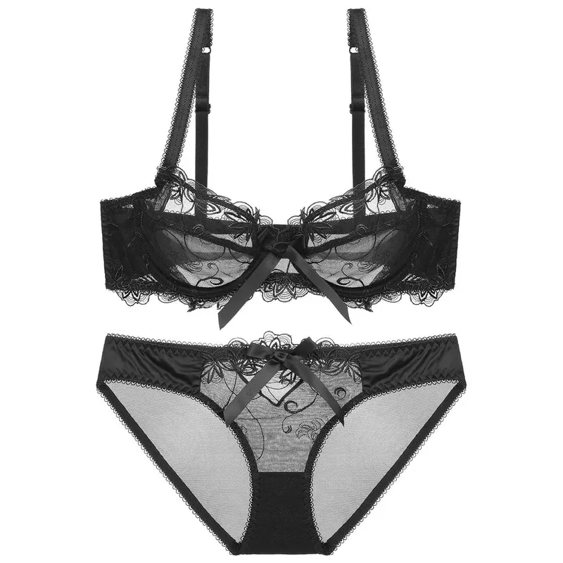 Lace Push Up Bra Set Breathable PantiesThin Mesh Cup Transparent Behalf Lingerie Bow Embroidery Flora Soutien Gorge