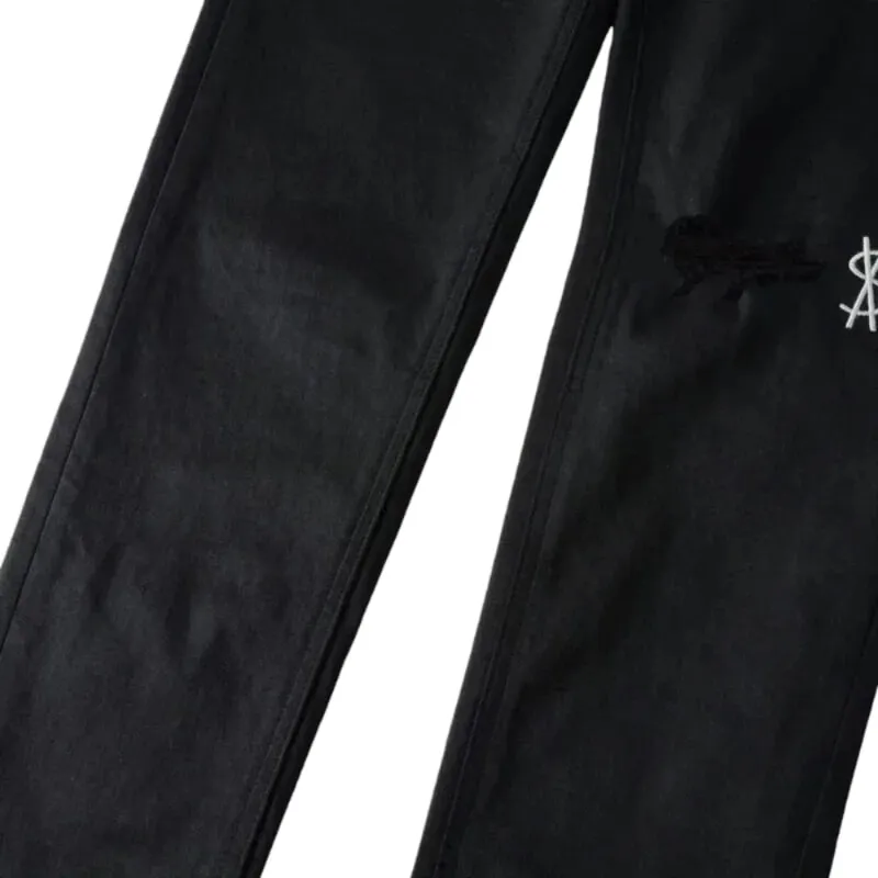 Men's High Street Black Coated Denim Jeans Washed Skinny Fit Embroidered Letter Motif Button Fly Versatile Year‑Round Outfit