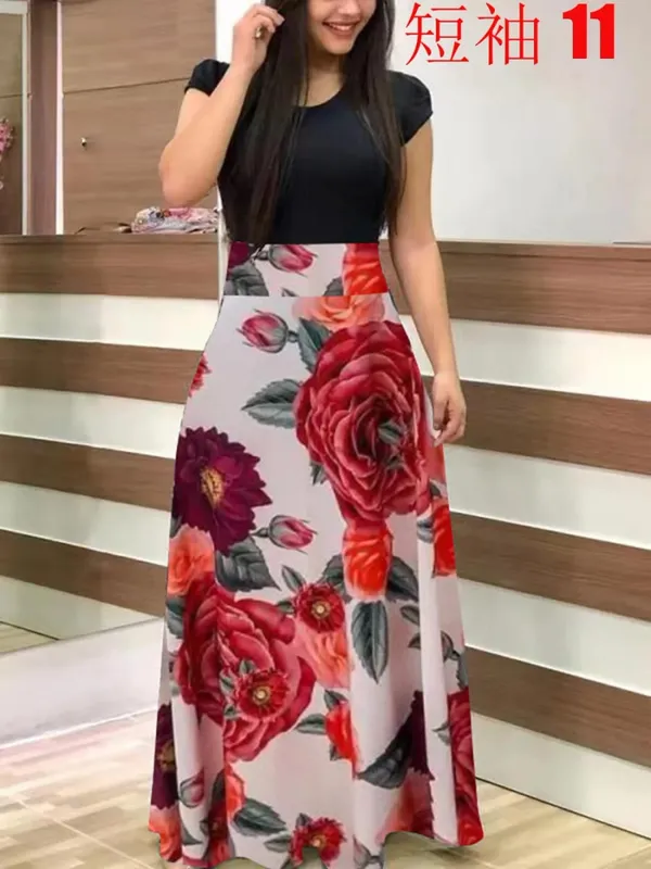 2024 Vestido de manga corta a juego con estampado de flores de estilo europeo y americano para mujer, falda con vuelo grande