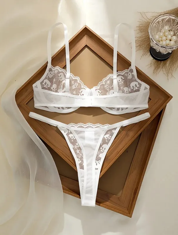 Women's Ultra-Thin Bra Set Sexy Lace Floral Underwear Set 2-Piece Bra And Panties Combo for Ladies