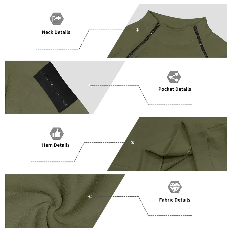Men Fleece Stand Collar Sweatshirt Diagonal Zipper Arm Pocket Long Sleeve Loose Casual Pullover Autumn Winter Outdoor Tops