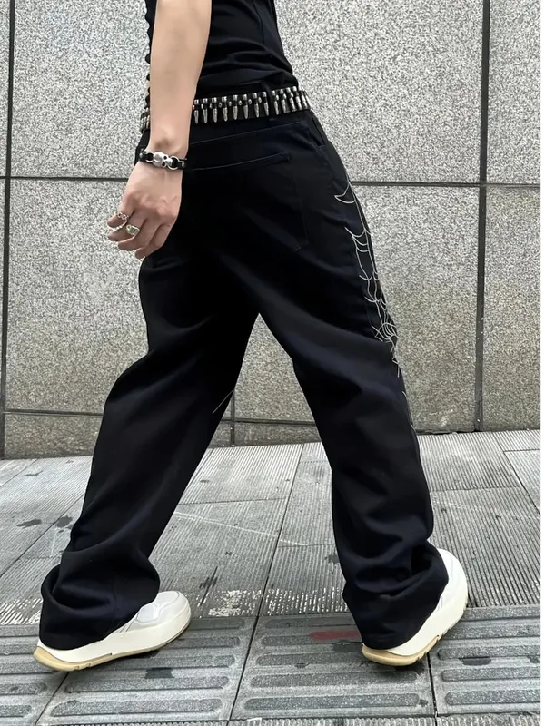 Men's Black Jeans Spider Web Printing Loose Wide Leg Casual Daily Trousers High Street Fashion Trendy Streetwear Denim Pants