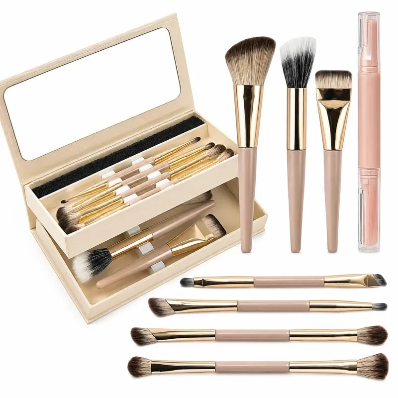 Portable 8 Piece Foldable Dual-Ended Makeup Brush Set Foundation Contour Eyeshadow Blush Concealer Brushes Travel Makeup Tools
