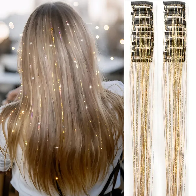 12Pcs Synthetic Hair Tinsel Clip in 20Inch Glitter Tinsel Hair Clip in Hair Tinsel Kit Heat Resistant Shiny Sparkle Fairy Hair
