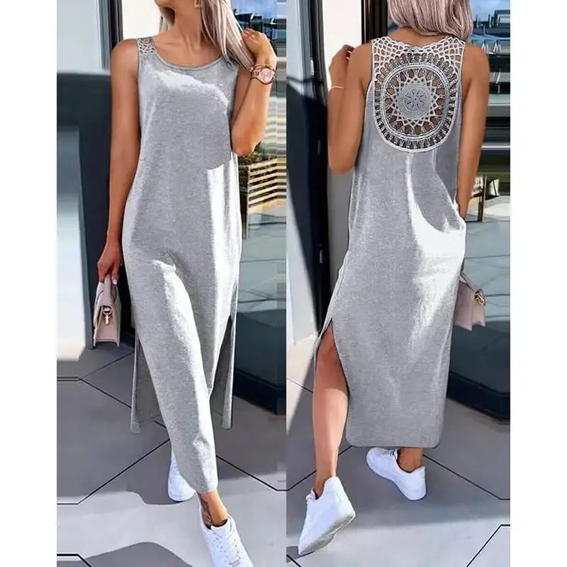 New Summer Casual Hollow Sexy Loose Dress Women Fashion Slit Sleeveless Party Dresses Women Round Neck Mid Length Ladies Dress
