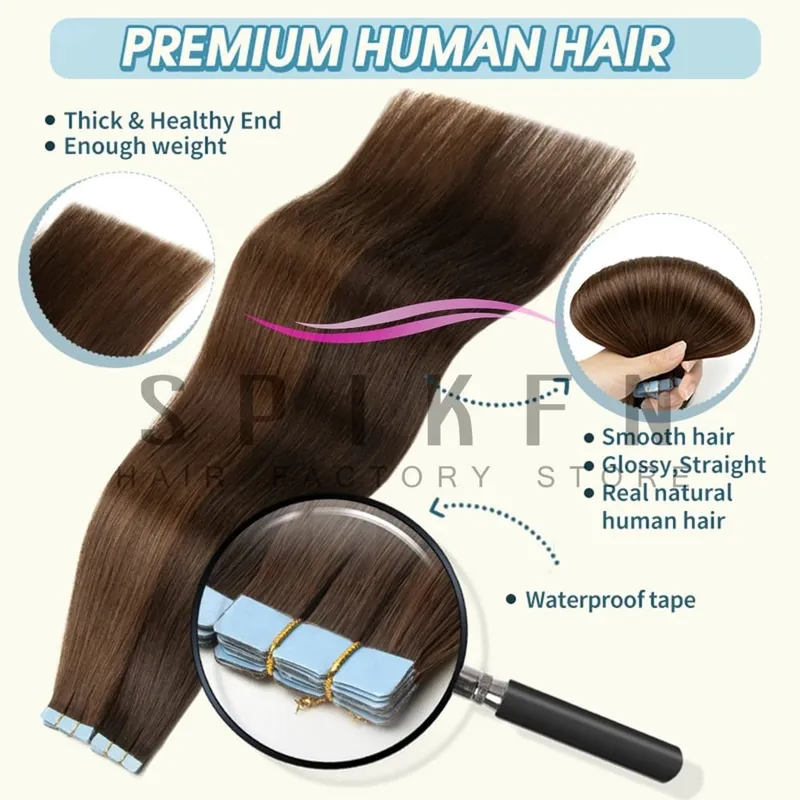 Mini Tape In Human Hair Extensions 12"-20" Machine Remy Skin Weft Adhesive Tape Hair Natural Black Tape Ons 10pcs for Women