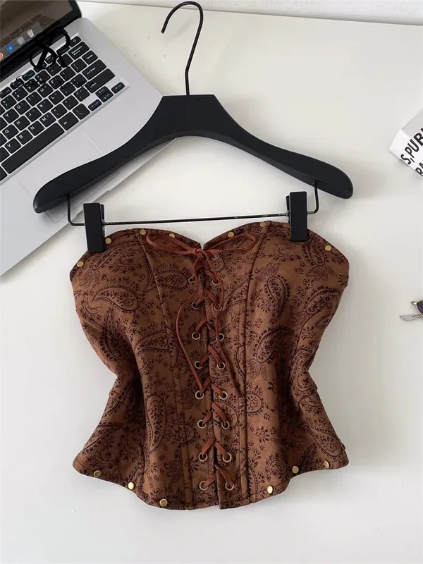 Sexy Leopard Paisley Print Top Spicy Girl Lace Up Stretch Bodycon Strapless Tank Top Ladies Hotsweet Clubwear Camisole