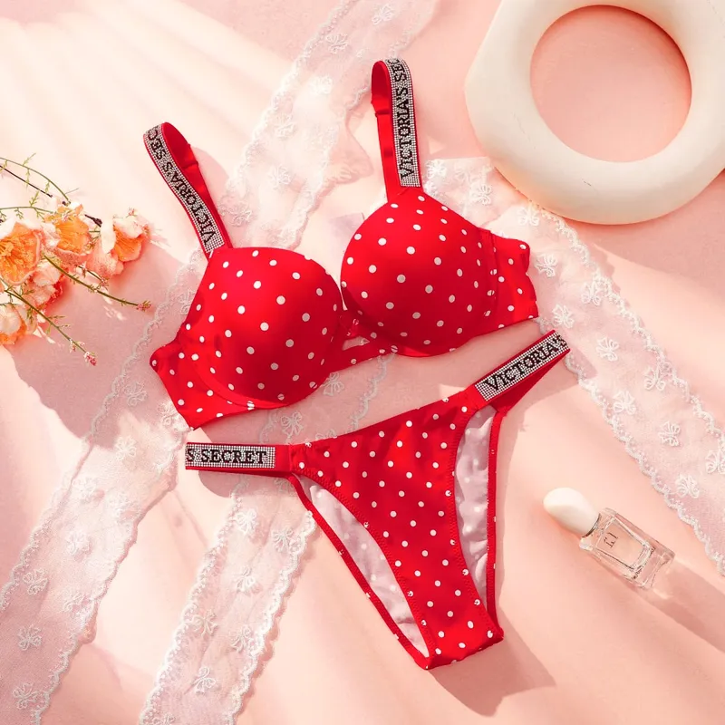 Victoria Secret Very Sexy Shine Script Polka Dot Push Up Bra Shine Script Thong Panty Set Women Sexy Lingerie Hot