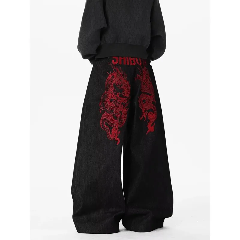 Retro Red Dragon Embroidery Wide Leg Knife Edge Jeans for both men and women Y2K street cool floor length wide leg pants