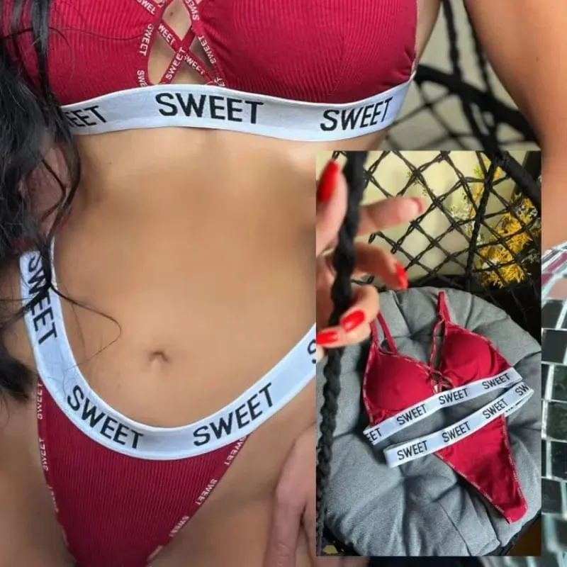 Women Padded Bra And Panties Set Front Cross Wireless Bra Low Rise G-string Female Letter Strap Underwear Sexy Lingerie Set